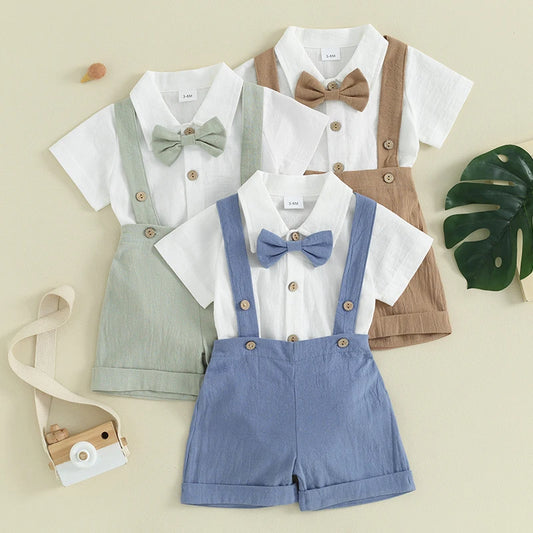 Short Sleeves Romper with Bow Tie and Overalls